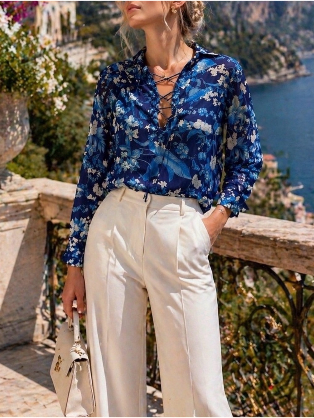 NWT Kobi Halperin Rory Navy and White Floral Lace-Up Blouse